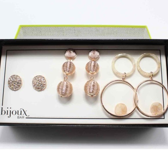 Bijoux Bar 3 Pair Rose Gold Tone Earrings Posts & Drops Crystal & MOP Gift Boxed - Picture 1 of 7